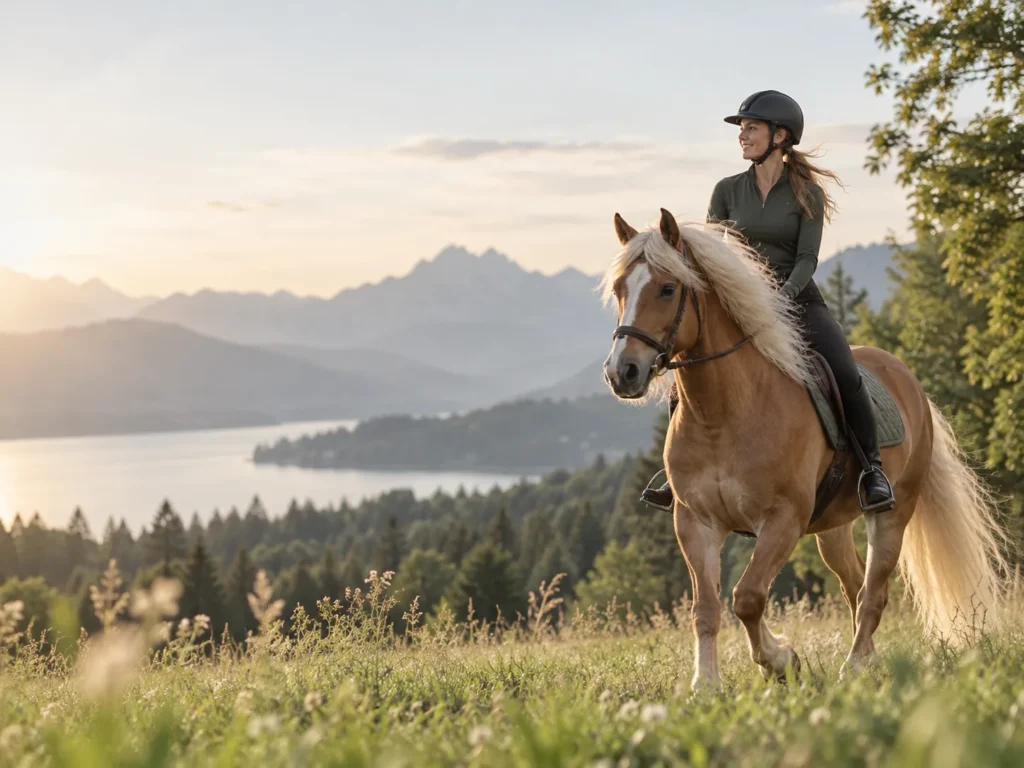 Reiterin auf einem Haflinger vor einer malerischen Berglandschaft mit grünen Wiesen und warmem Sonnenlicht.