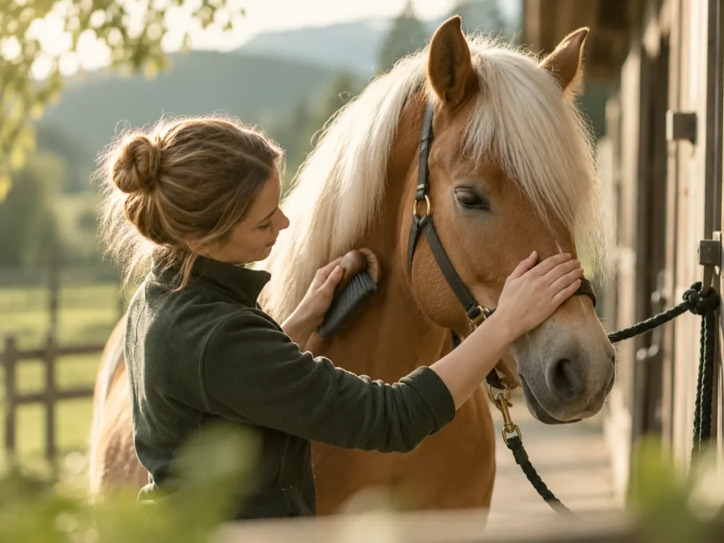Junge Frau pflegt einen Haflinger mit heller Mähne und zeigt die besondere Verbindung zwischen Mensch und Pferd.