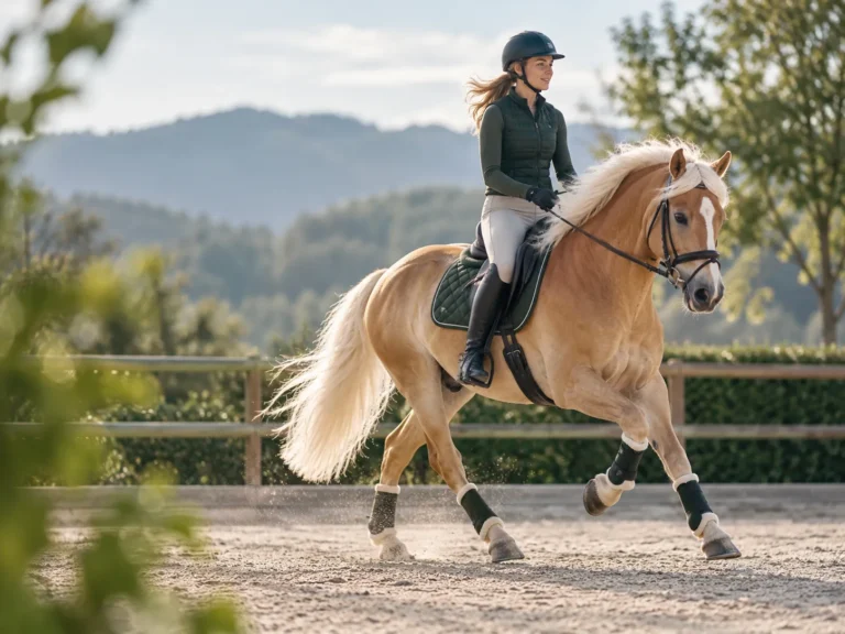 Reiterin trainiert mit einem Haflinger auf einem Reitplatz inmitten einer grünen Landschaft.