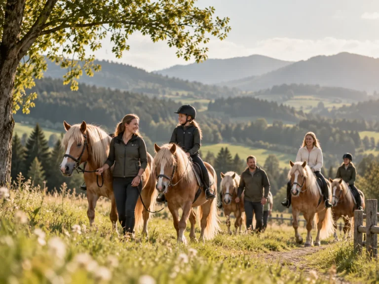 Gruppe von Reitern und Pferdefreunden mit Haflingern auf einem idyllischen Weg durch eine grüne Hügellandschaft.