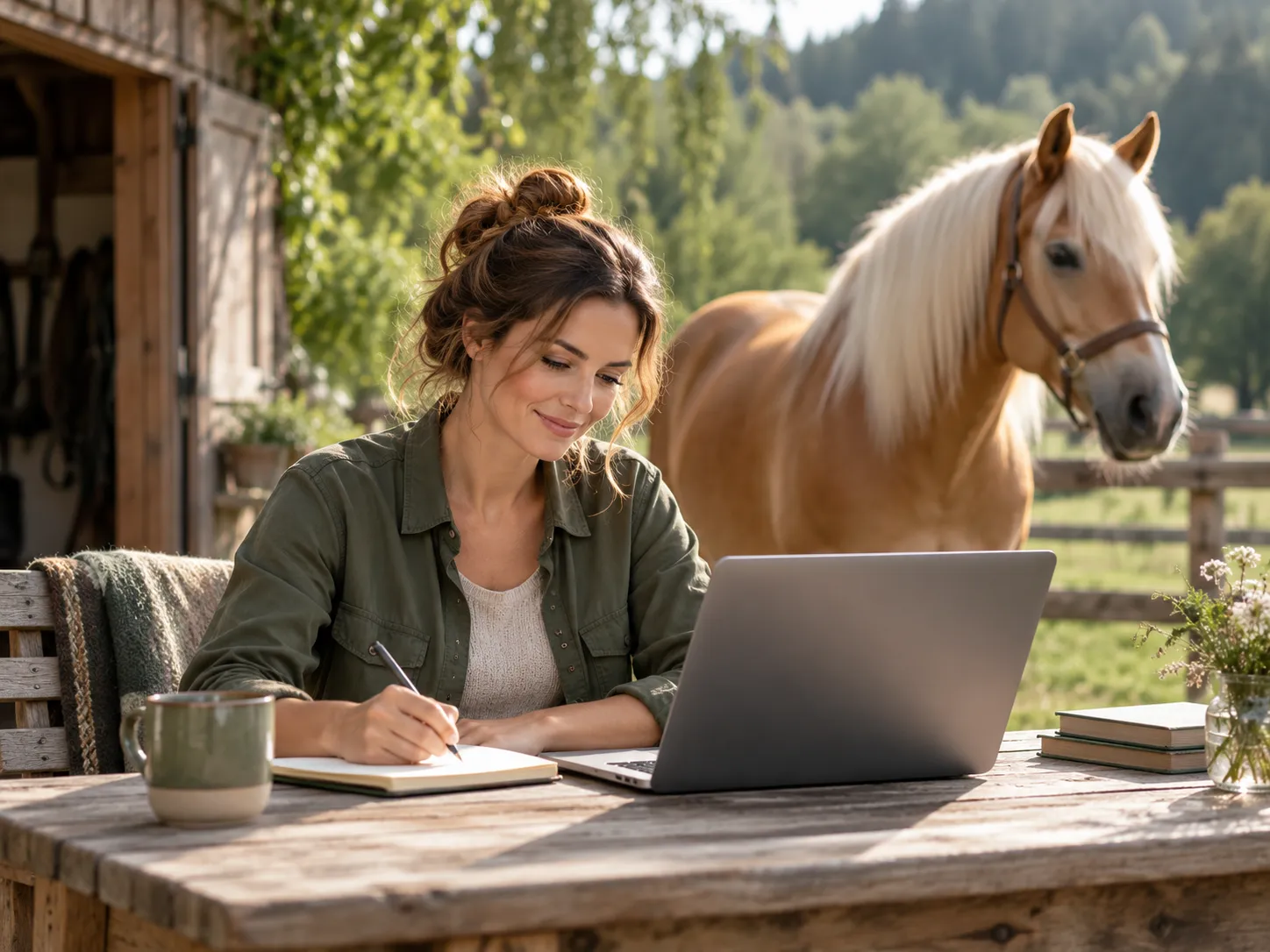 Vrouw schrijft in een notitieboek naast haar laptop aan een houten tafel, met een Haflinger op de achtergrond in een groene omgeving.