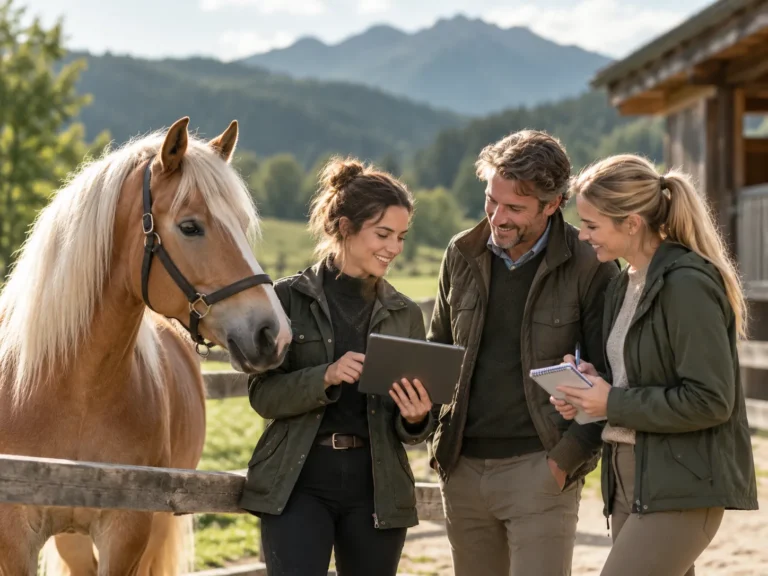 Drie auteurs en professionals bespreken ideeën met een tablet en notitieboek naast een Haflinger in een landelijke omgeving.
