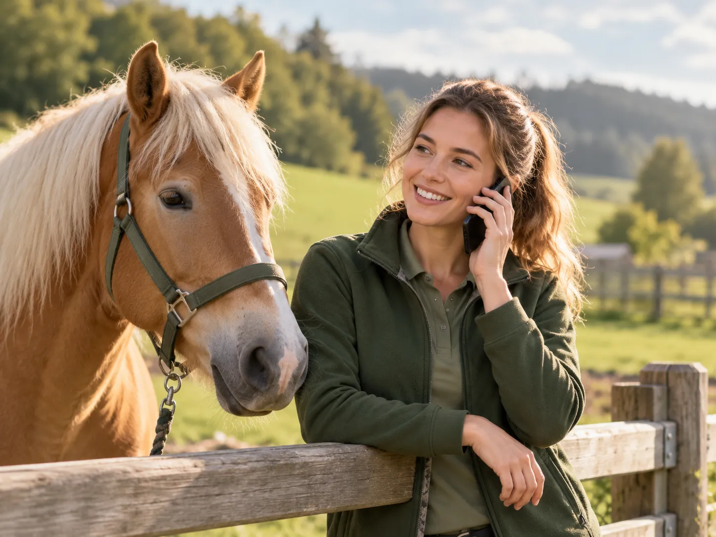 Vrouw voert een telefoongesprek naast een Haflinger bij een houten hek in een groene, landelijke omgeving.