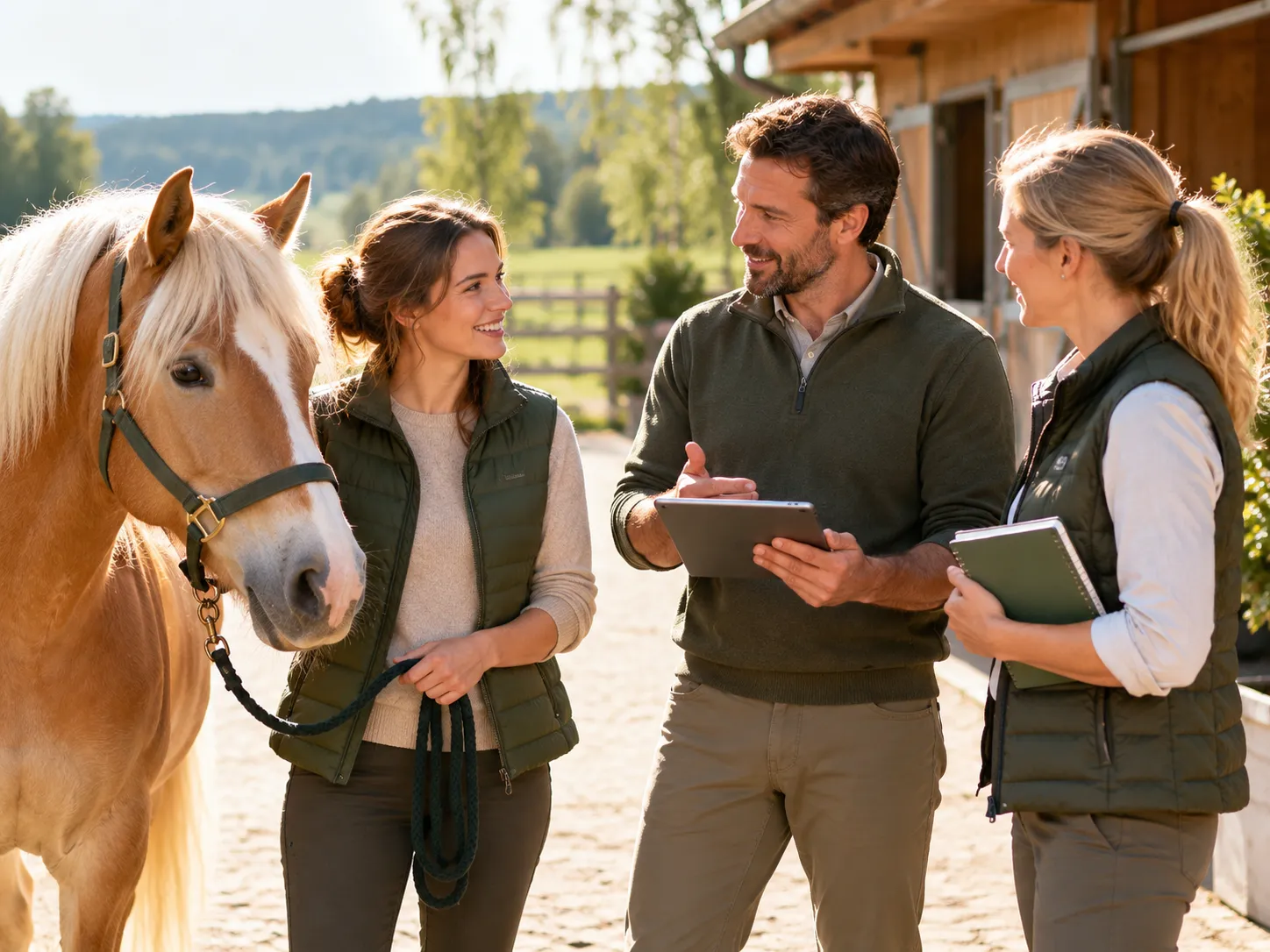 Drie professionals bespreken ideeën met een tablet en notitieboek naast een Haflinger bij een paardenstal.