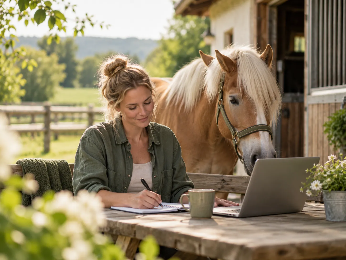 Vrouw schrijft in een notitieboek naast haar laptop aan een houten tafel, met een Haflinger en groene natuur op de achtergrond.