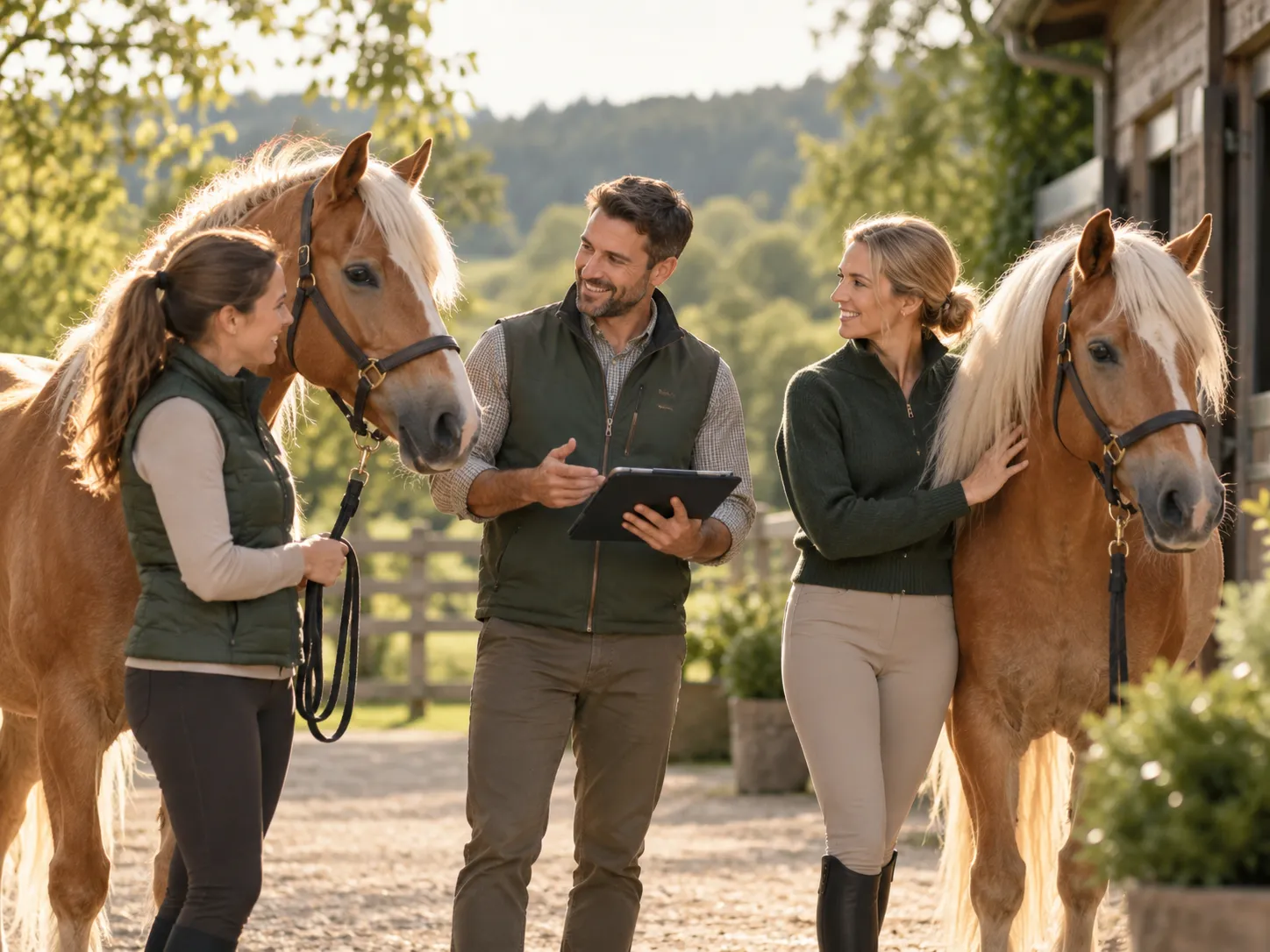 Drie professionals bespreken een samenwerking bij een paardenstal, omringd door twee Haflinger paarden in een groene, natuurlijke omgeving.