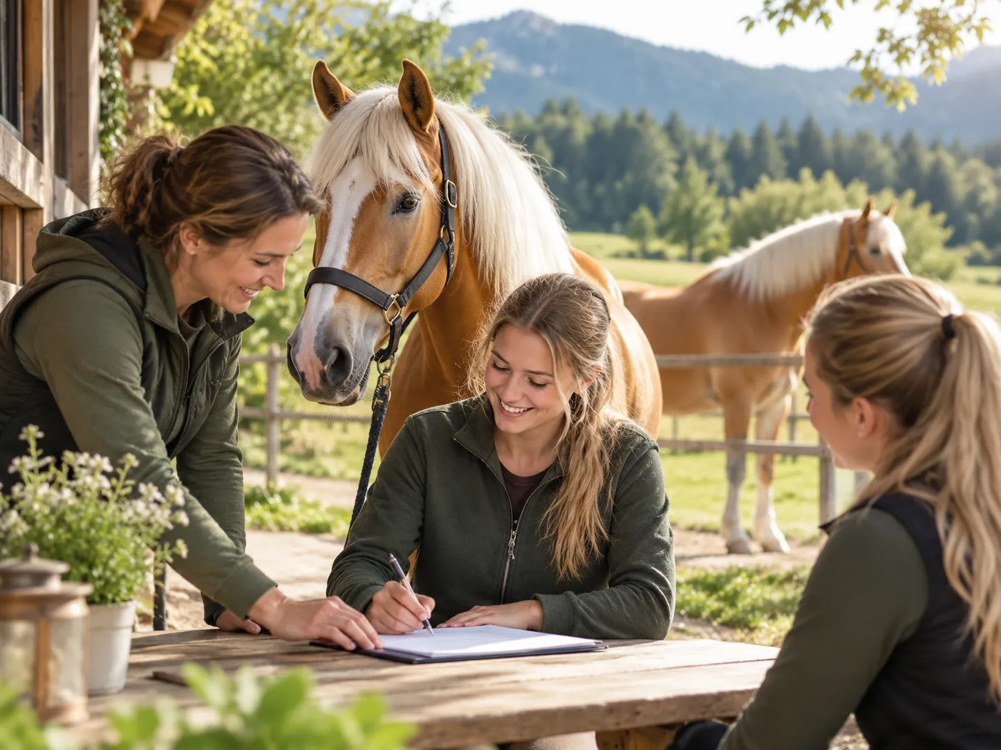 Drie vrouwen bespreken een aanmelding aan een houten tafel bij een paardenstal, met twee Haflinger paarden in een groene, natuurlijke omgeving.